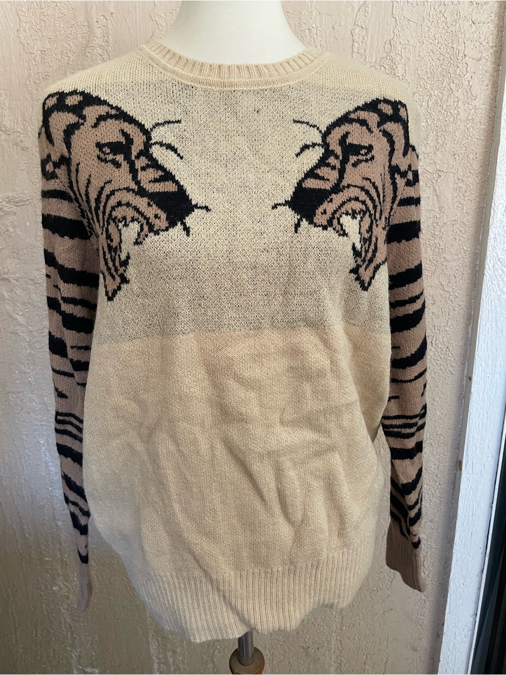 BiBi Cream and Black Tiger Intarsia Crewneck Sweater